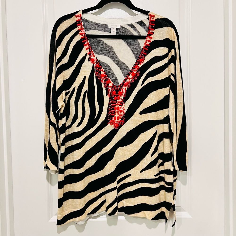 Chico's Women's Zebra Jeweled Ruby Pullover Sweater Sz 3 (US XL/16) Linen Blend